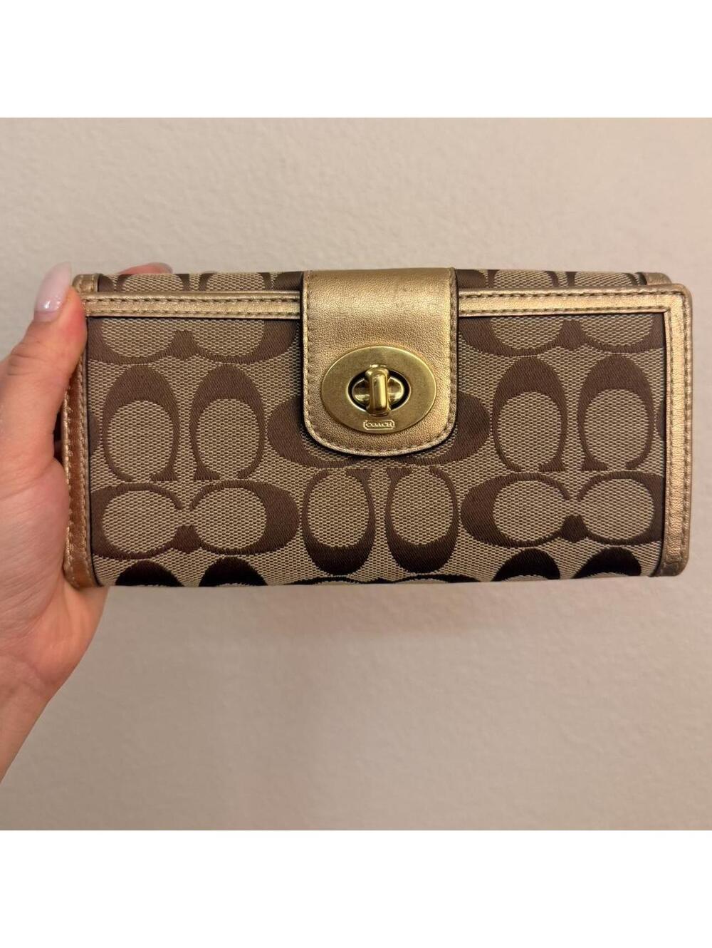 Coach Brown and Gold Canvas Wallet with Gold Turn-lock